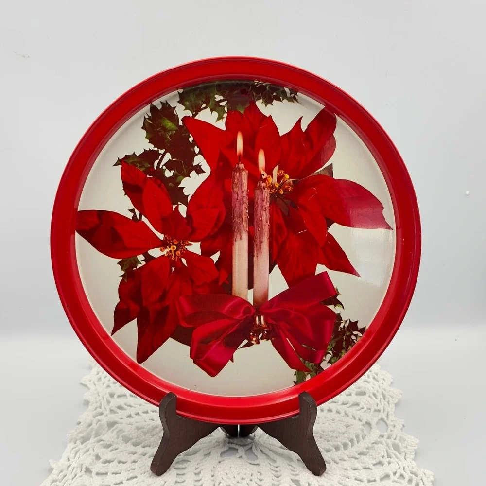 Vintage Christmas Poinsettia Round Metal Tin Serving Tray Red‎ Rim Holiday 11